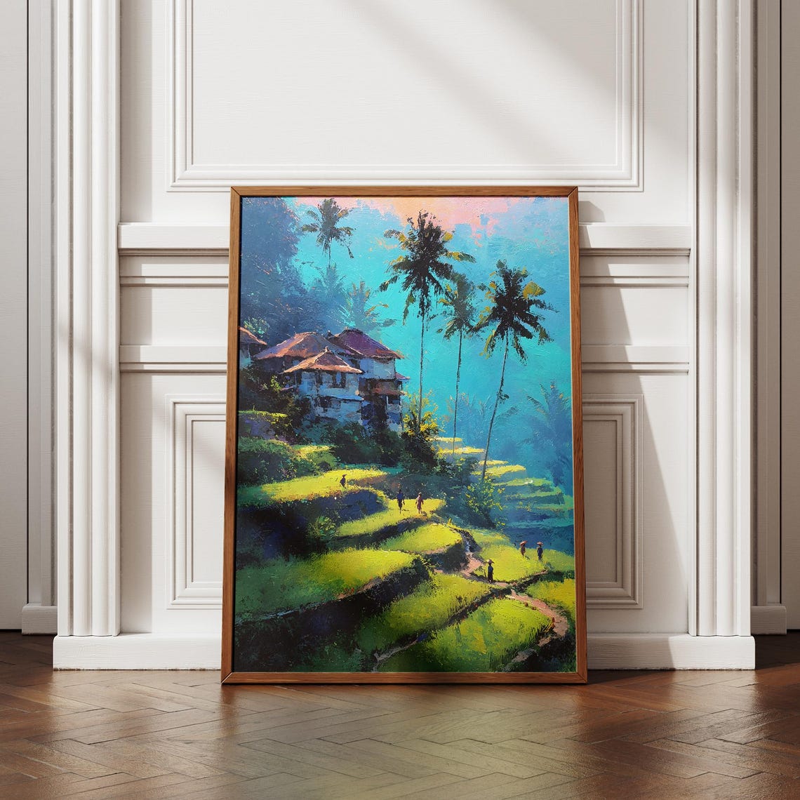 Bali Rice Terraces Palm Trees Village Impressionist Painting Poster