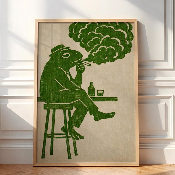Frog Smoking Cigarette Vintage Poster Retro Funky Wall Art Whimsical Animal Illustration Mid Century Modern Decor Bar Cart Print