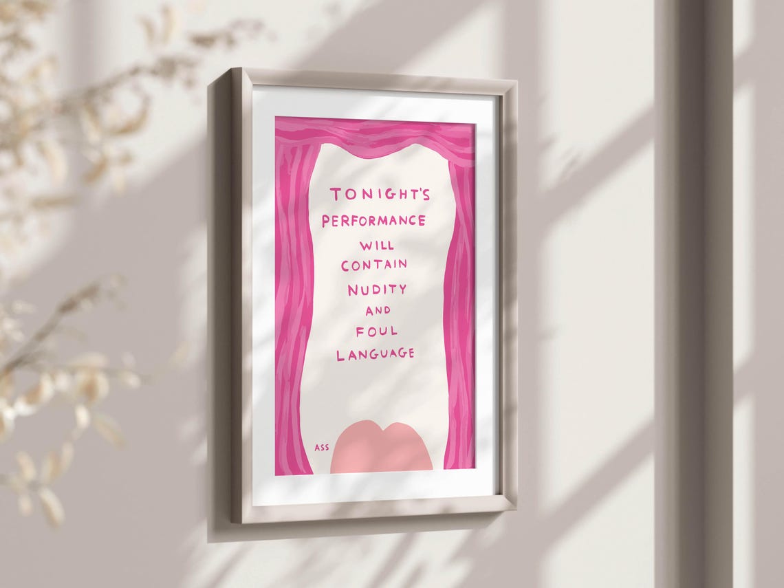 Theatre Performance Nudity Warning Pink Curtain Funny Poster - Image 2