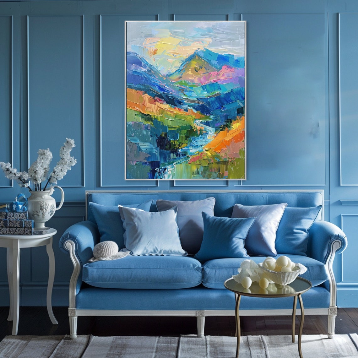 Abstract Blue Mountain Peaks Sunrise Impasto Landscape Art Poster - Image 3
