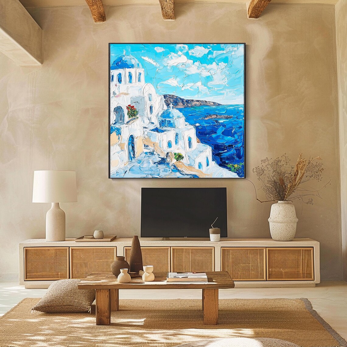 Santorini Greece White Buildings Blue Domes Aegean Sea Impasto Wall Art - Image 2