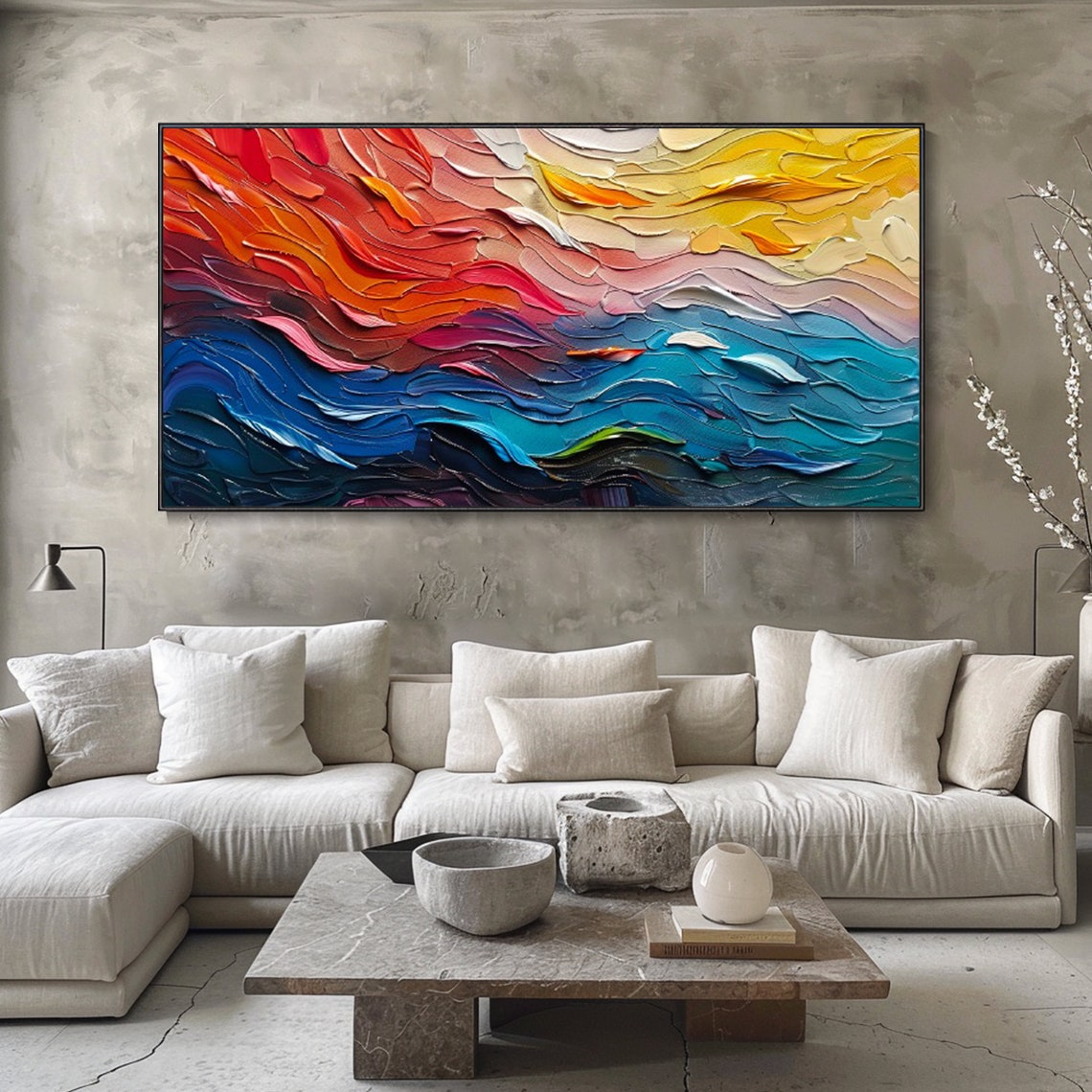 Dramatic Red Sky Over Teal Ocean Abstract Flowing Wave Art Poster - Image 4