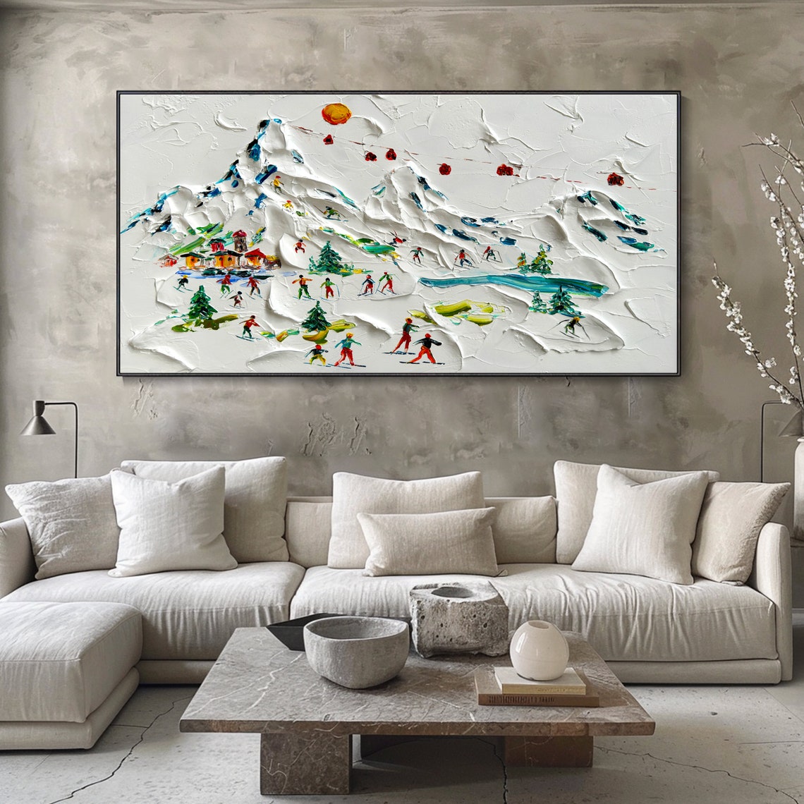 Skiing Art Original Framed Skier Painting White Ski Thick Texture 3d Knife Plaster Style Wall Art Personalized Gift Skier Present Ski Lover - Image 3