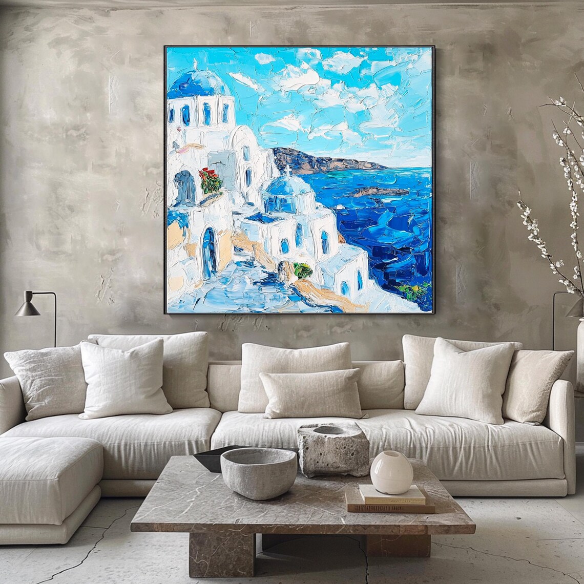 Santorini Greece White Buildings Blue Domes Aegean Sea Impasto Wall Art - Image 3
