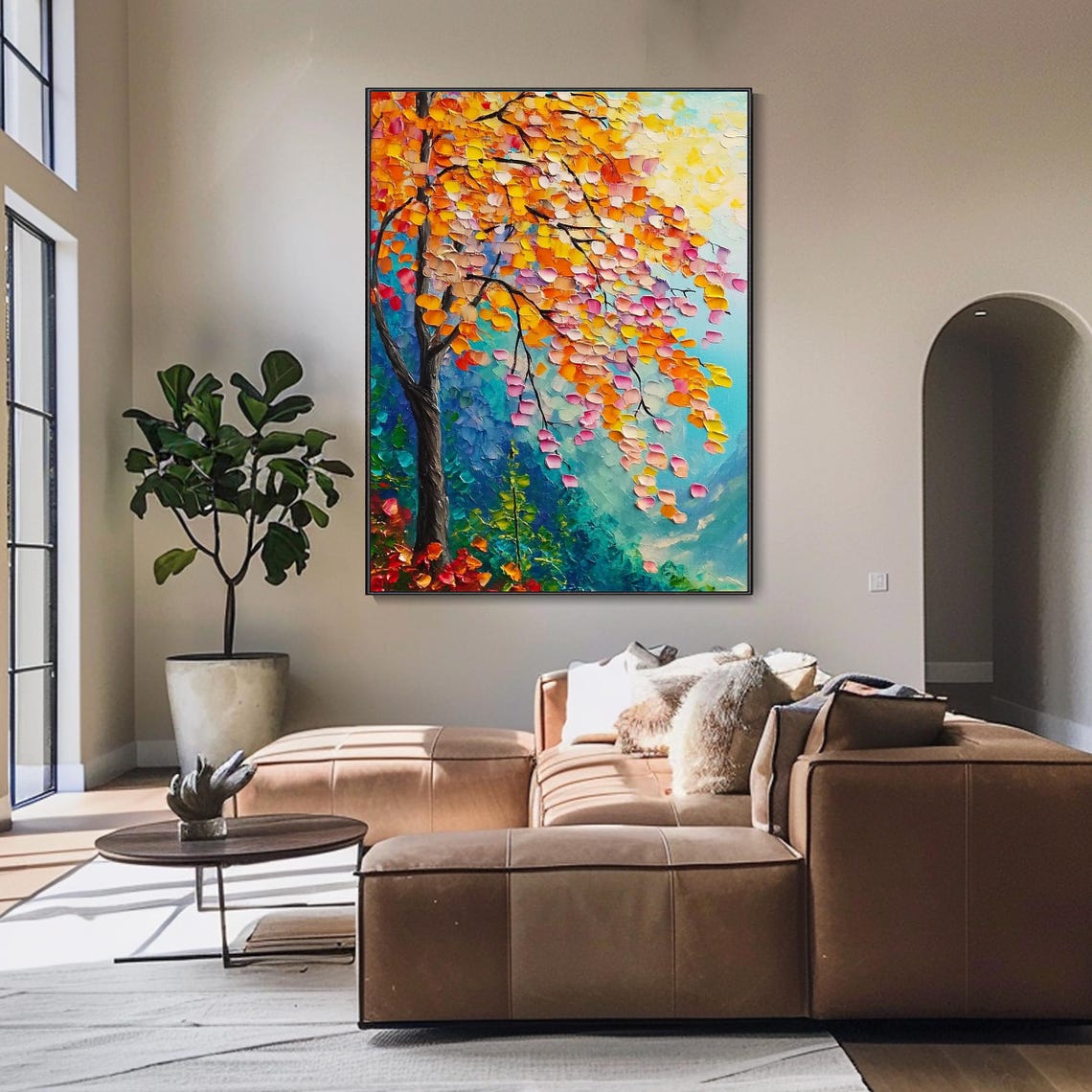 Autumn Tree Orange Pink Leaves Teal Background Textured Art Poster - Image 4
