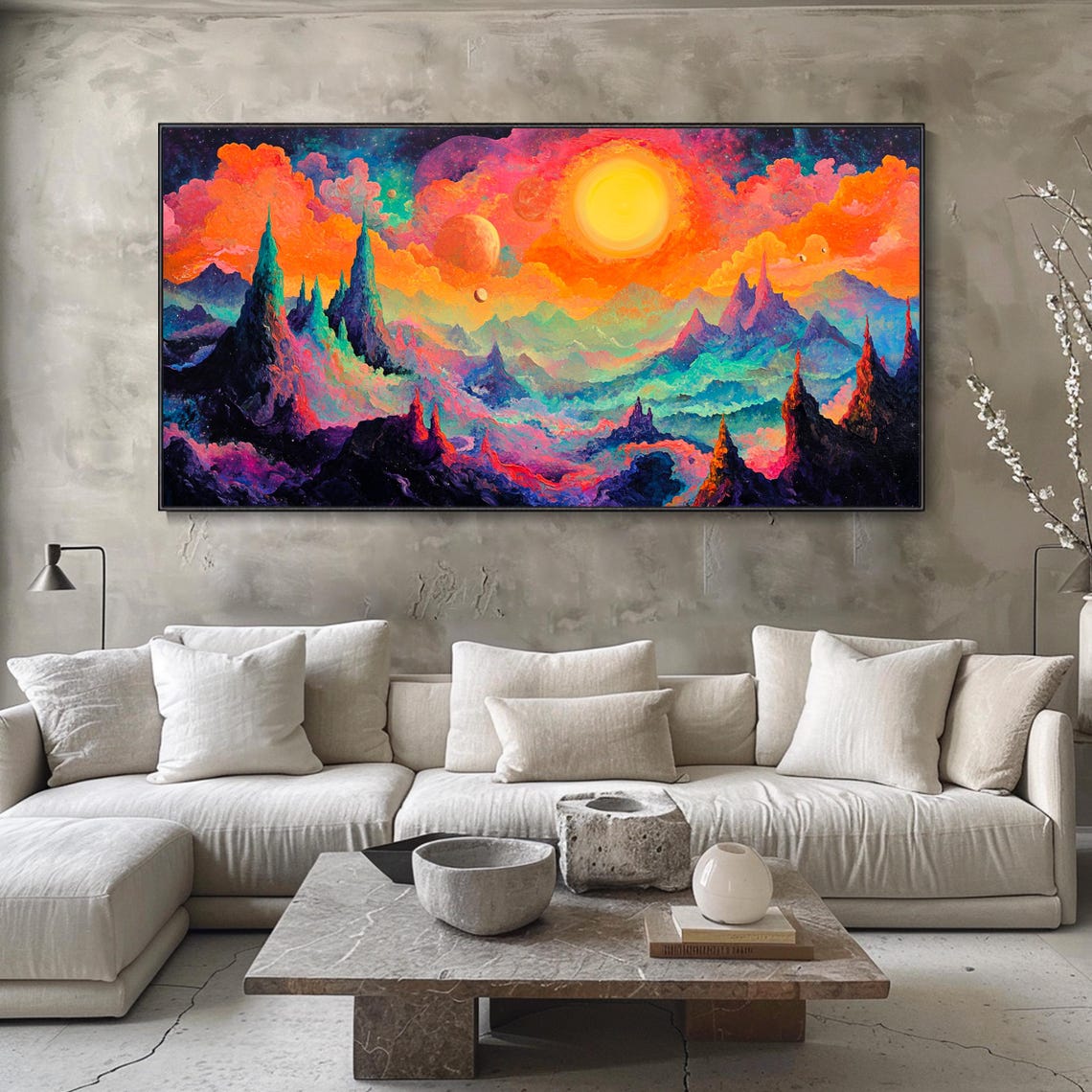 Neon Fantasy Mountains Vivid Sunset Surreal Landscape Cosmic Wall Art - Image 3