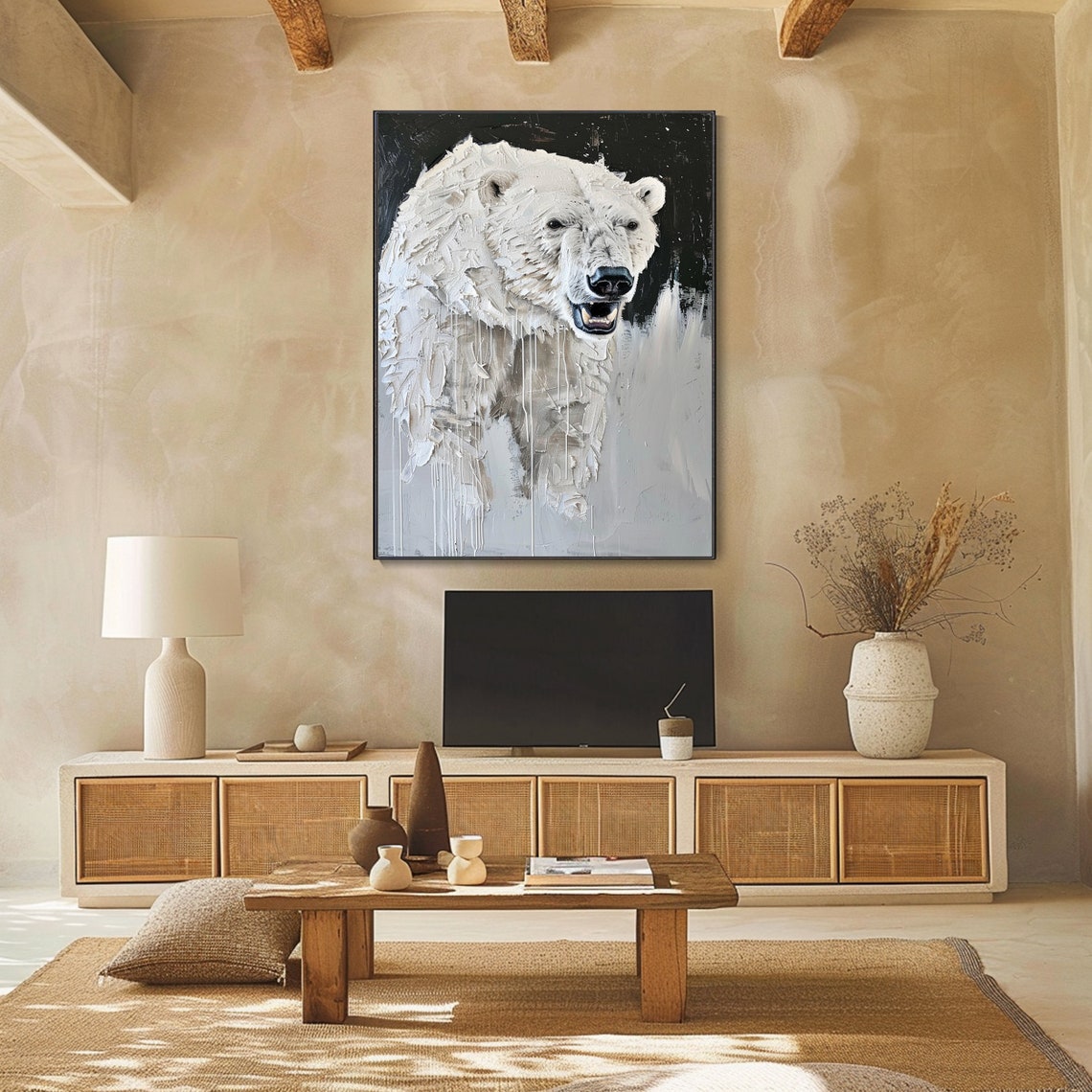 Polar Bear Head Thick White Impasto Dark Background Art Poster - Image 2