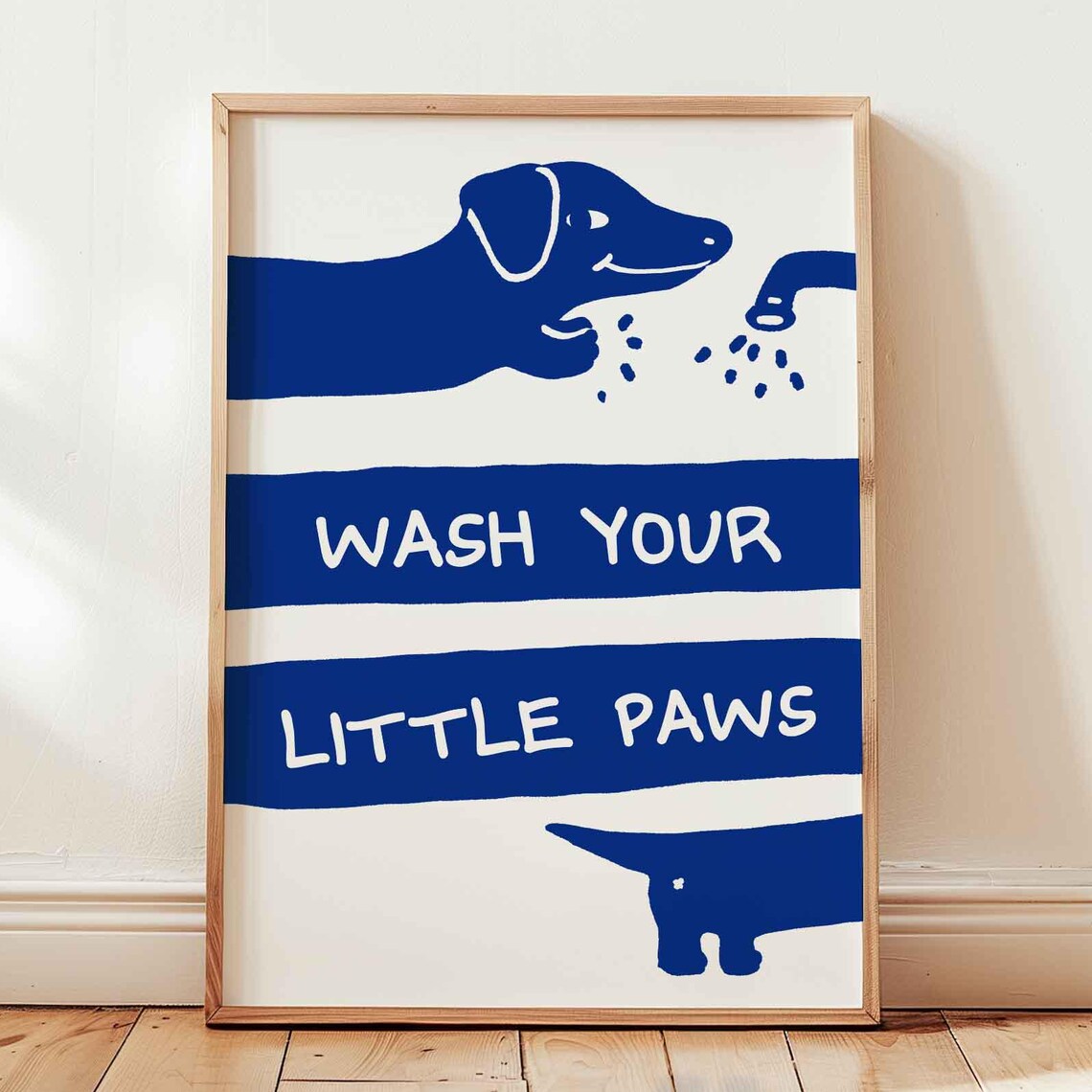 Funny Blue Dachshund Wash Your Little Paws Bathroom Quote Poster
