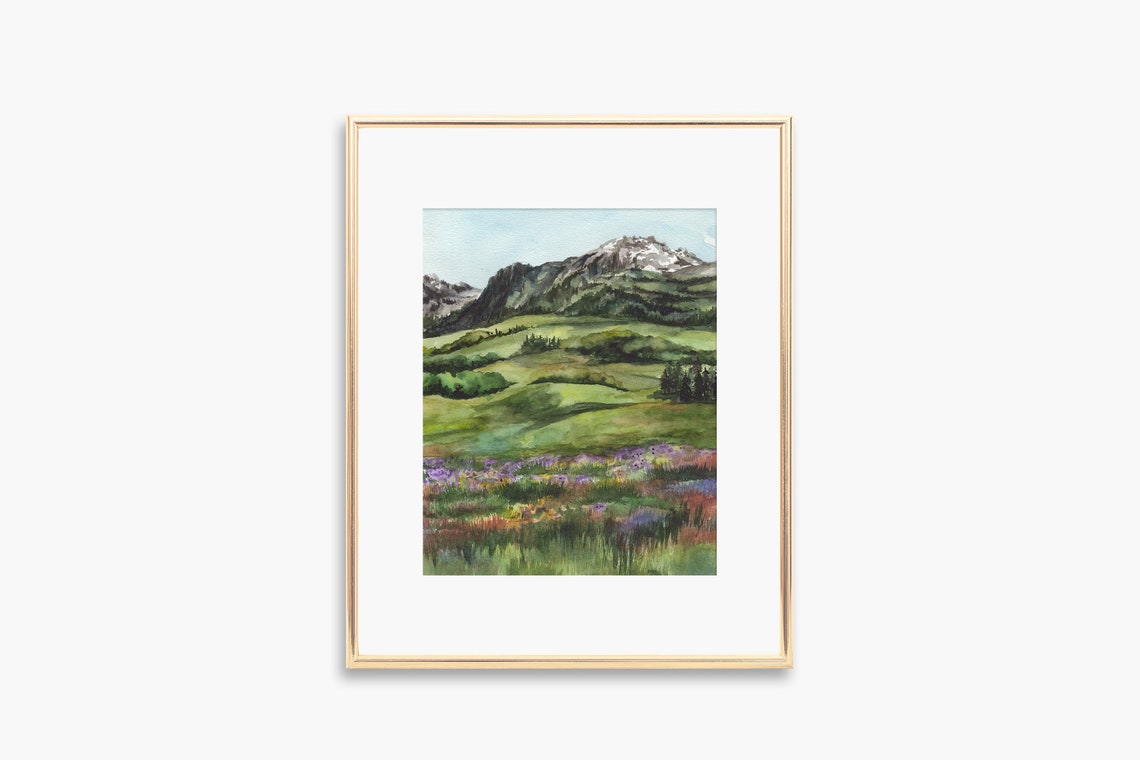 Green Mountain Pasture Watercolor Landscape Wildflower Meadow Poster
