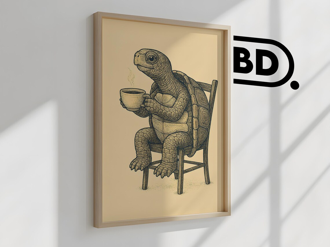 Tortoise Drinking Coffee Vintage Etching Style Quirky Kitchen Wall Art - Image 2