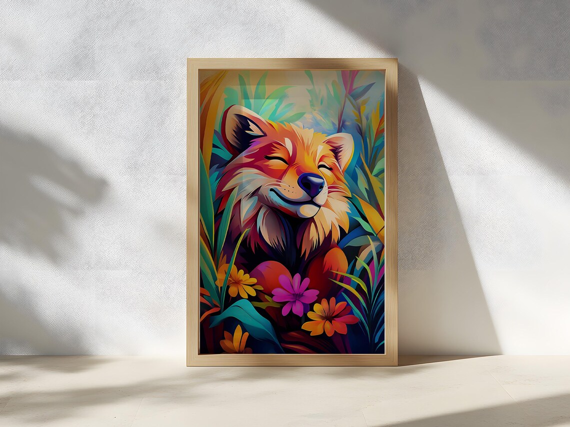 Smiling Fox Cub in Blue Tropical Foliage Flower Animal Poster - Image 2
