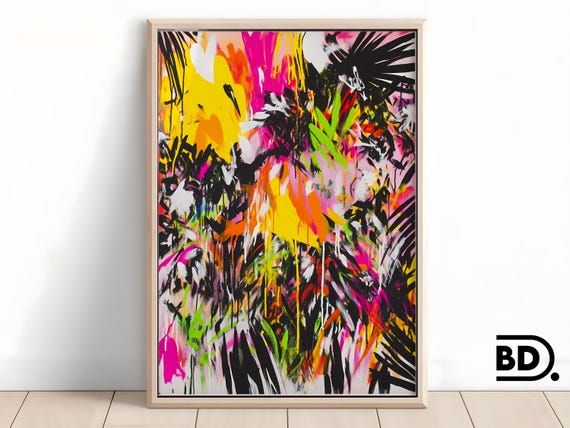 Neon Graffiti Jungle Painting Bold Abstract Wild Foliage Art Vibrant Palm Trees Paint Splatter Urban Expressionist Wall Decor