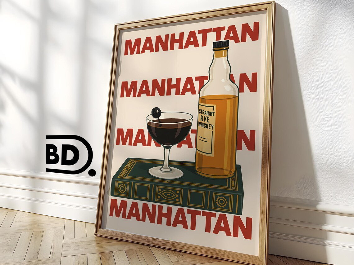 Retro Manhattan Cocktail Poster With Rye Bottle And Coupe Glass - Image 3