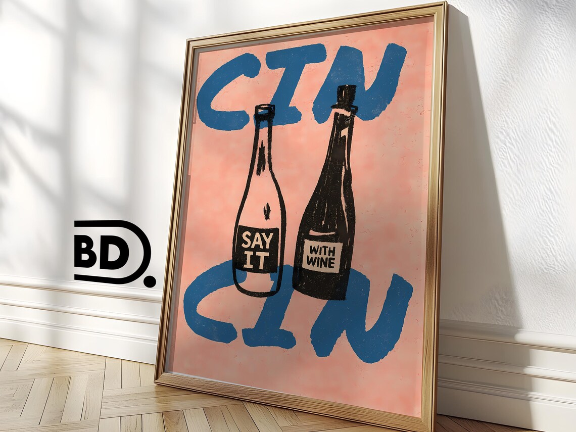 Cin Cin Wine Bottles Blue Brush Lettering On Peach Background Poster - Image 3