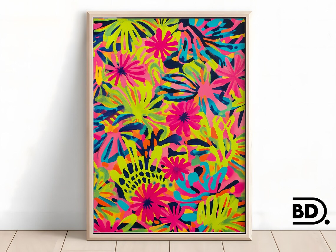 Neon Jungle Art Print, Bold Tropical Floral Pattern