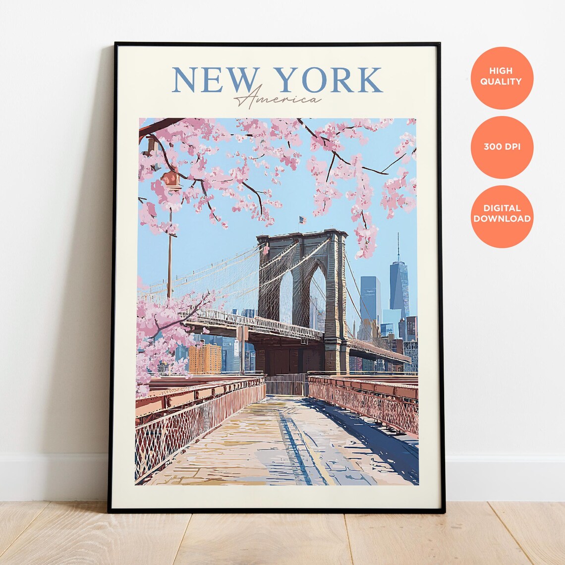 New York America Brooklyn Bridge Cherry Blossom Travel Poster - Image 3