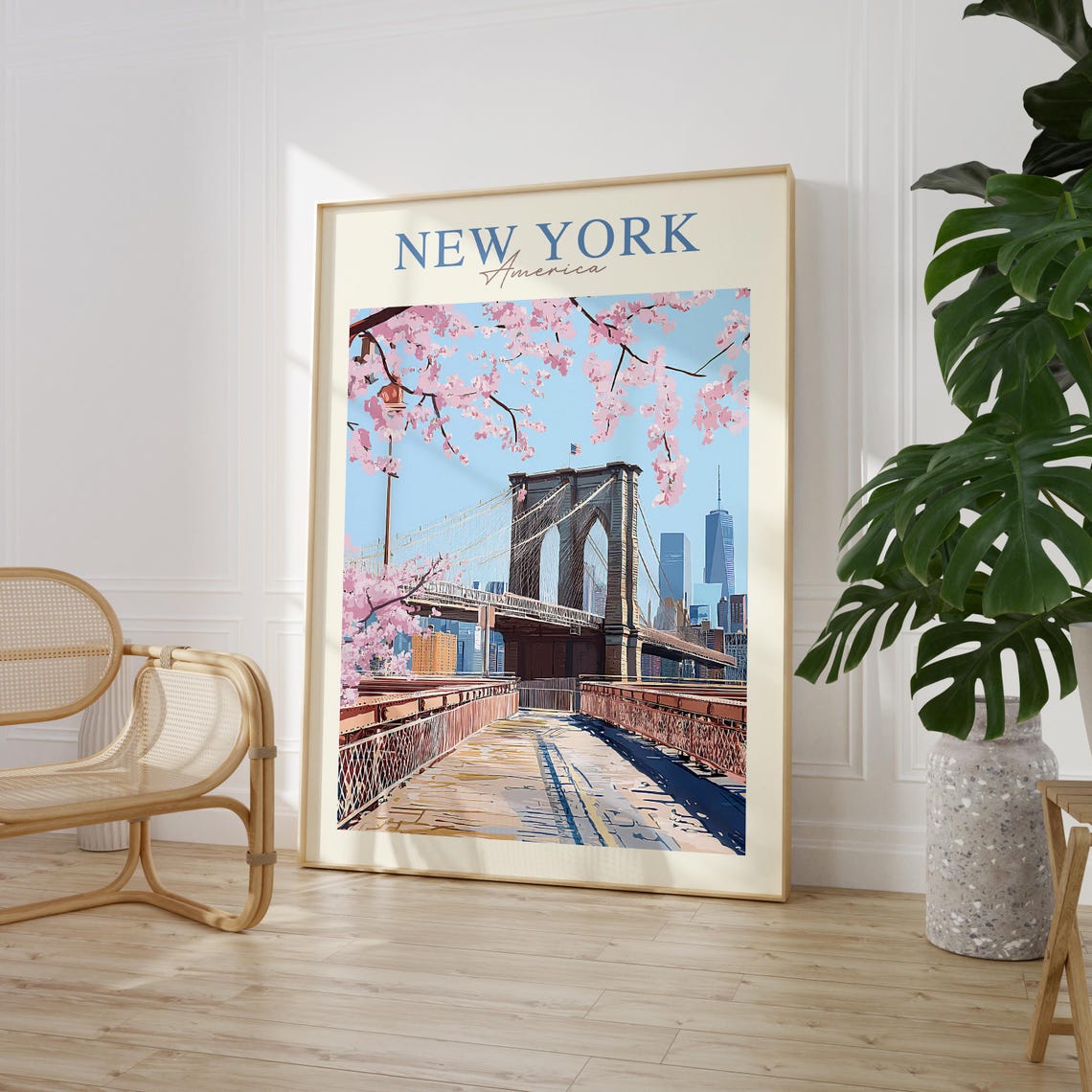 New York America Brooklyn Bridge Cherry Blossom Travel Poster - Image 2
