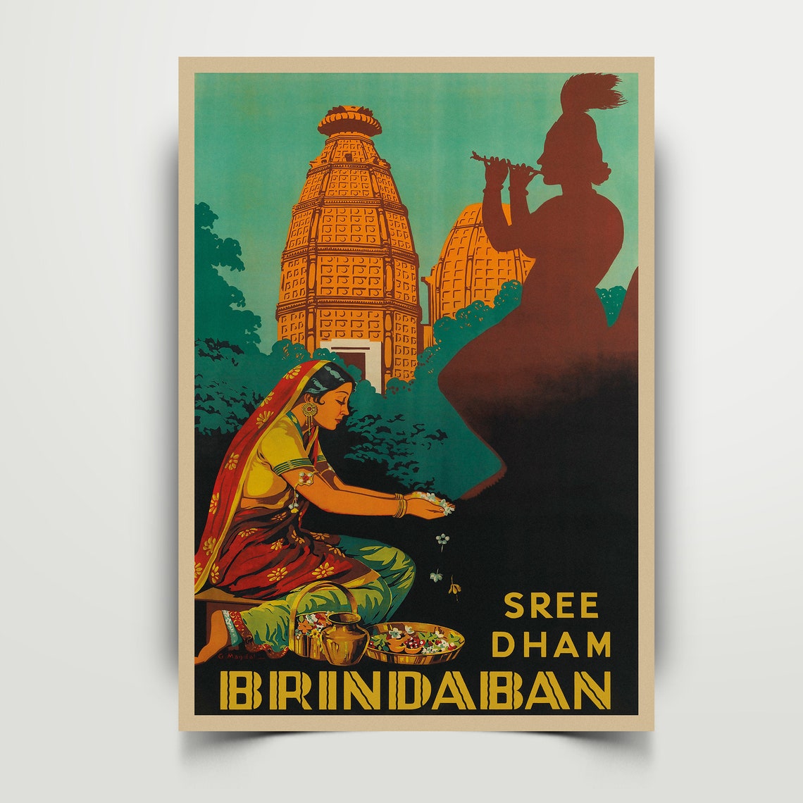 Sree Dham Brindaban India Flower Offering Vintage Travel Poster