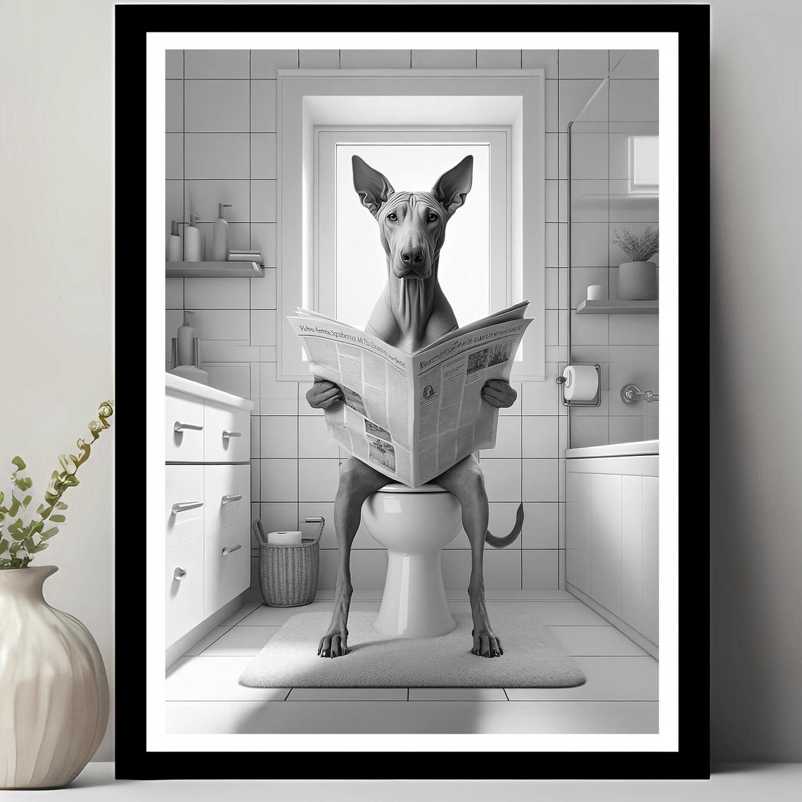 Pharaoh Hound Reading Newspaper on Toilet Funny Dog Art Poster