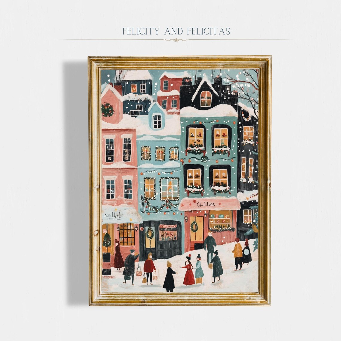 Cute Christmas Town Pastel Shops Snowy Street Holiday Poster