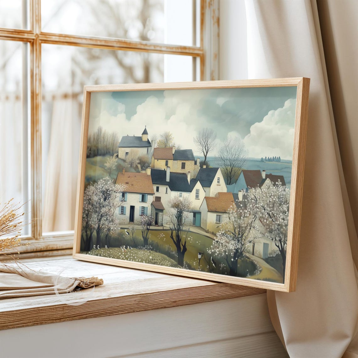 Retro Spring Village Landscape With Church Blooming Trees Poster - Image 4