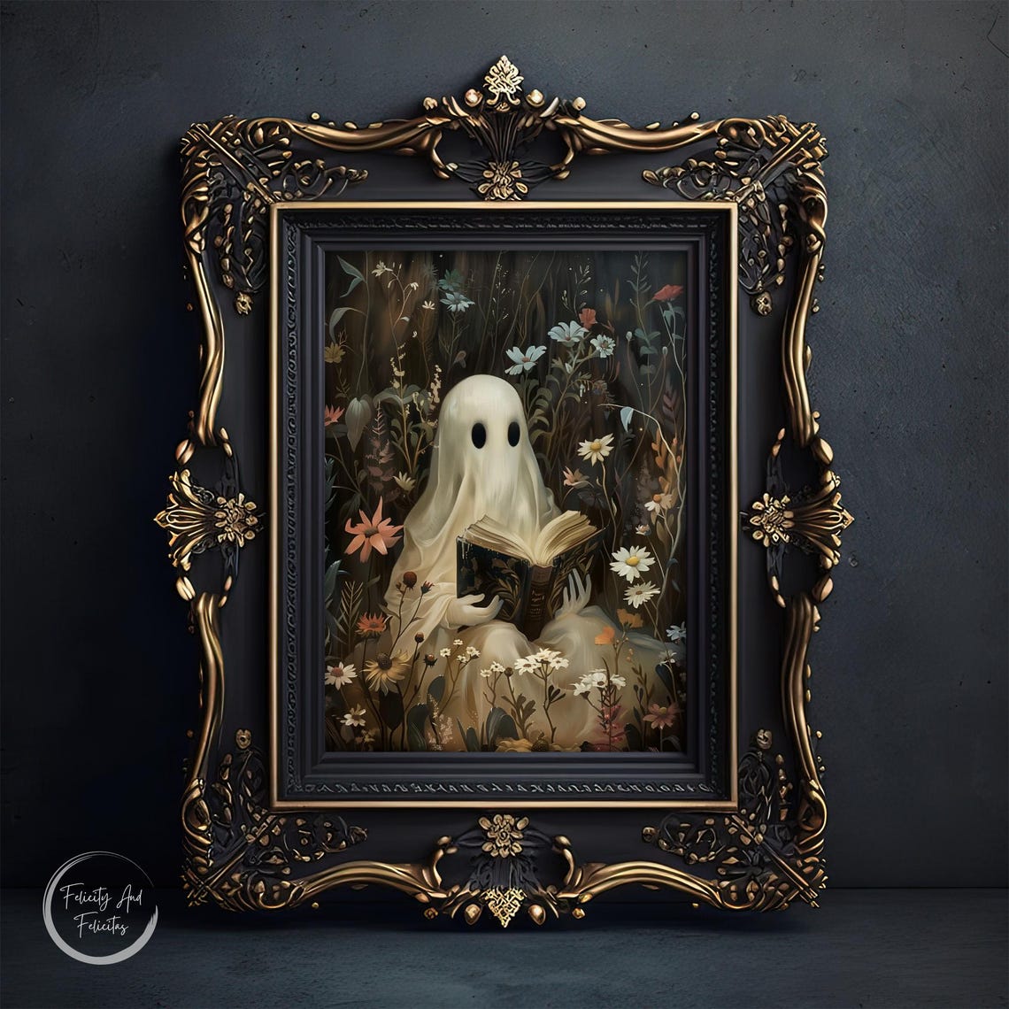 Cute Ghost Reading Book Among Dark Flowers Halloween Wall Art - Image 6