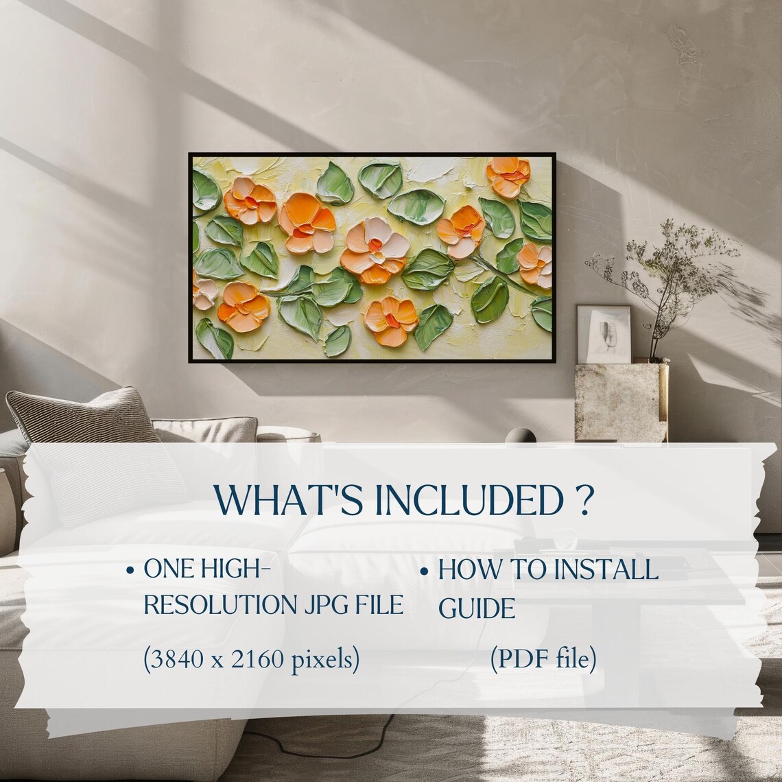 Orange Pop Art Flowers 3D Textured Floral Impasto Yellow Background Art Poster - Image 2