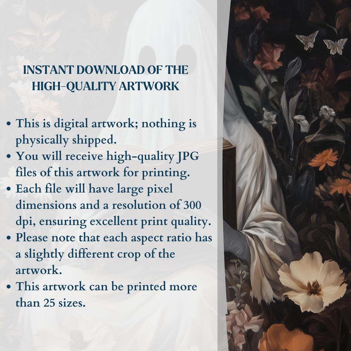 Ghost Reading Book Dark Floral Gothic Halloween Ornate Wall Art - Image 3