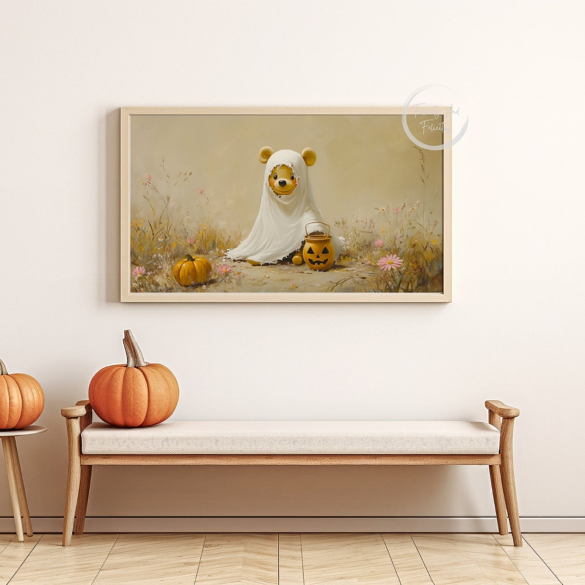 Bear in Ghost Costume with Pumpkin Bucket Halloween Cute Poster - Image 4