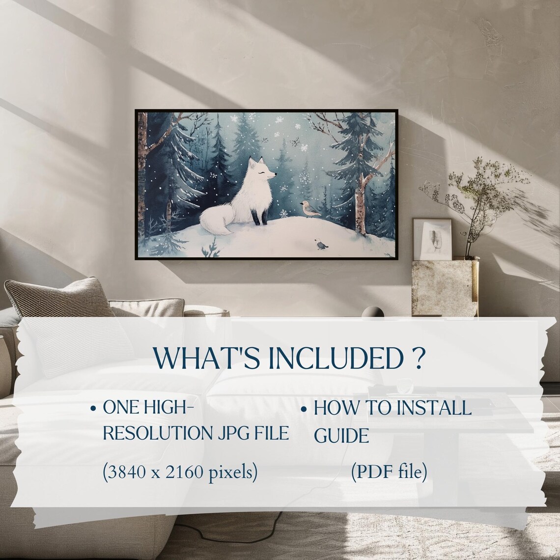 White Arctic Fox Snowy Forest Birds Winter Watercolor Wall Art - Image 2