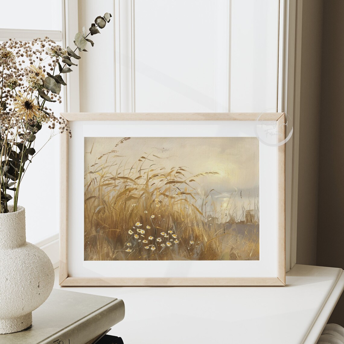 Summer Coastal Grass Field Daisies Vintage Neutral Oil Art Poster