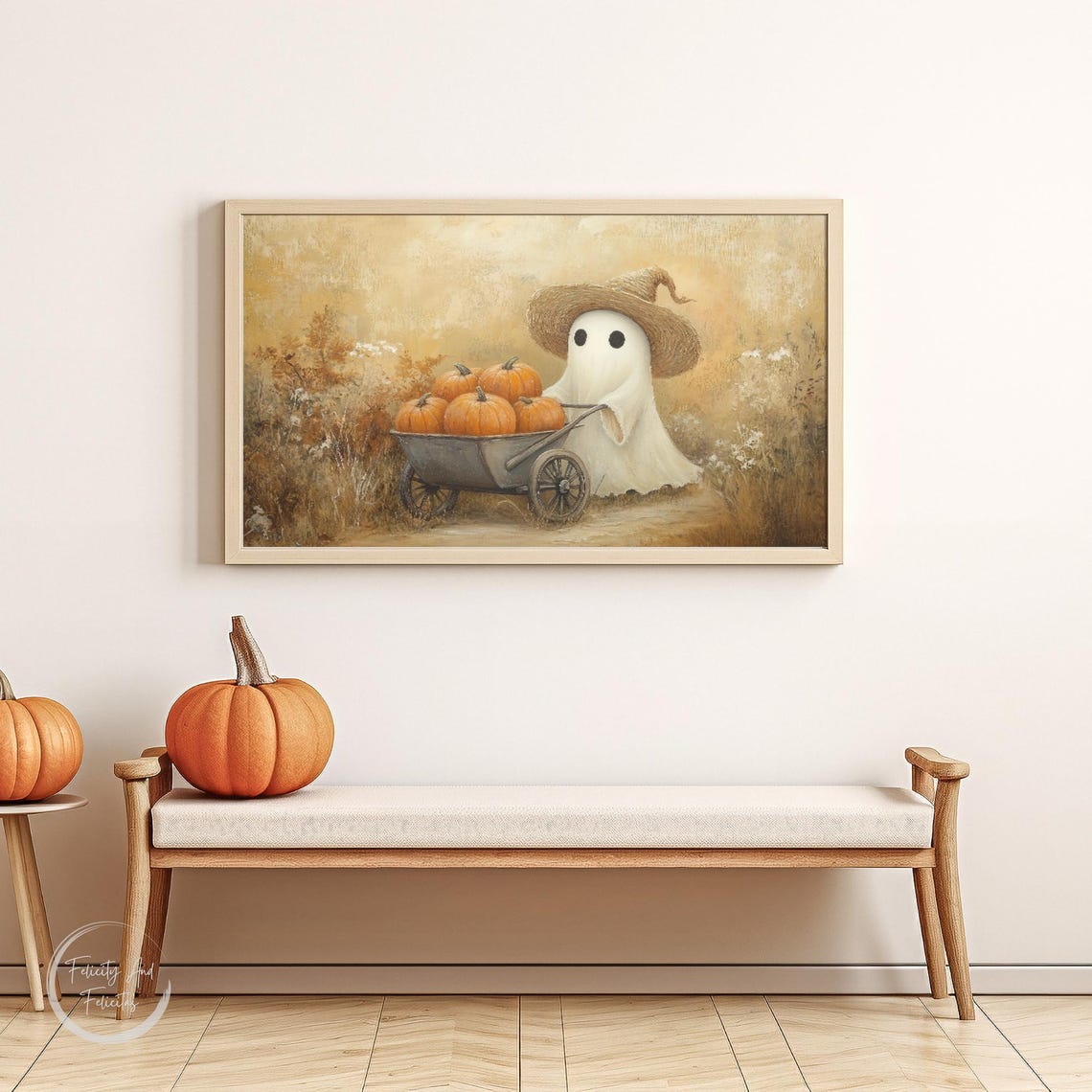 Cute Ghost Straw Witch Hat Pumpkin Wagon Autumn TV Art Poster - Image 6