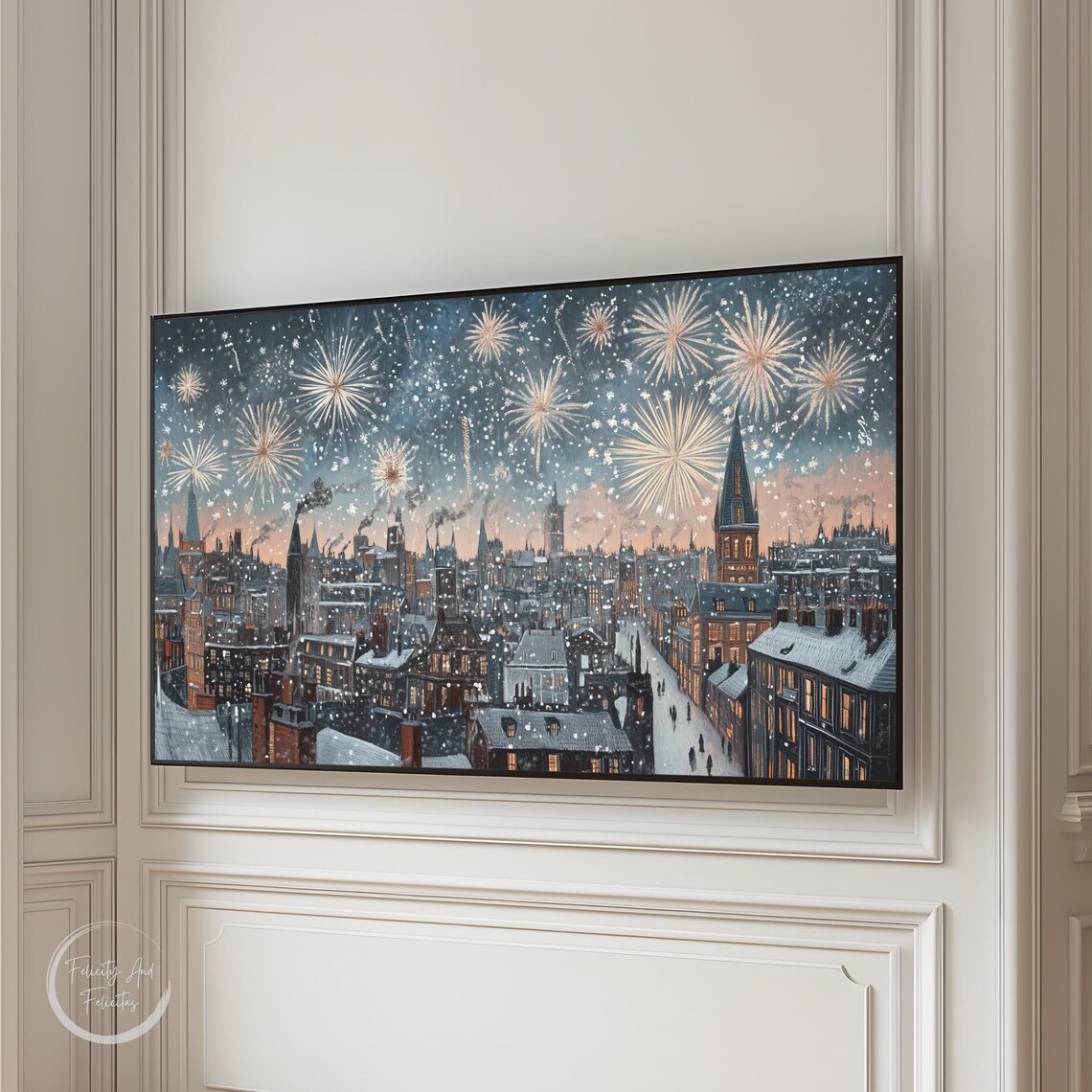 New Years Eve Vintage City Fireworks Snowy Night Rooftops Poster - Image 3