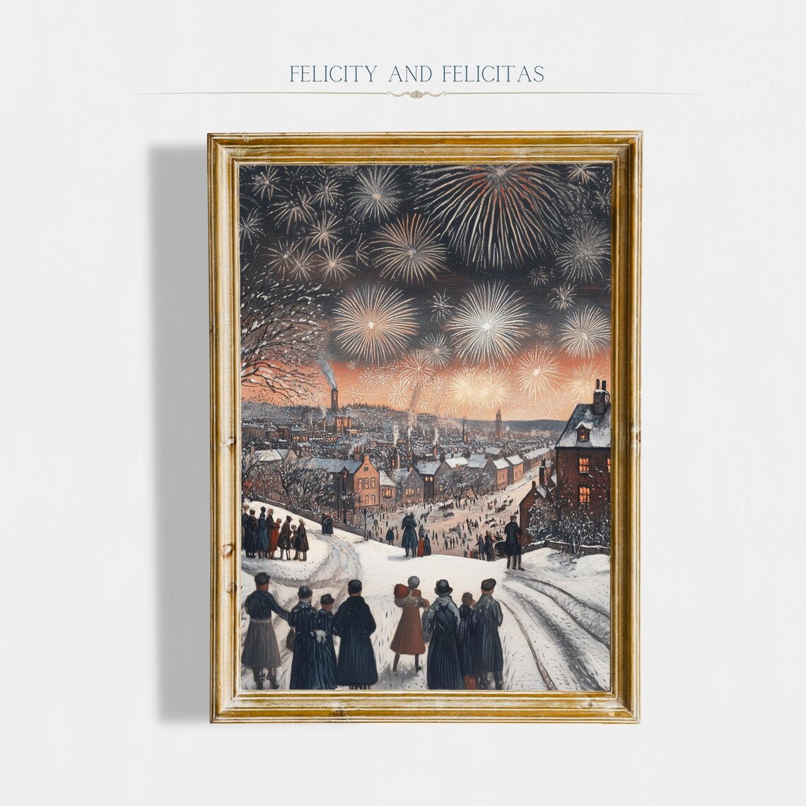 New Years Eve Fireworks Snowy Town Crowd Vintage Dazzling Wall Art