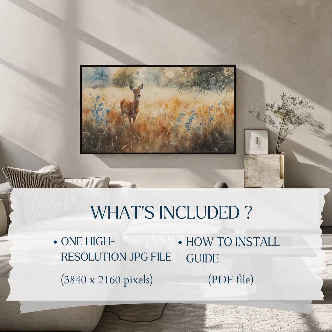 Deer in Golden Autumn Meadow Watercolor Blue Wildflower Art Poster - Image 3