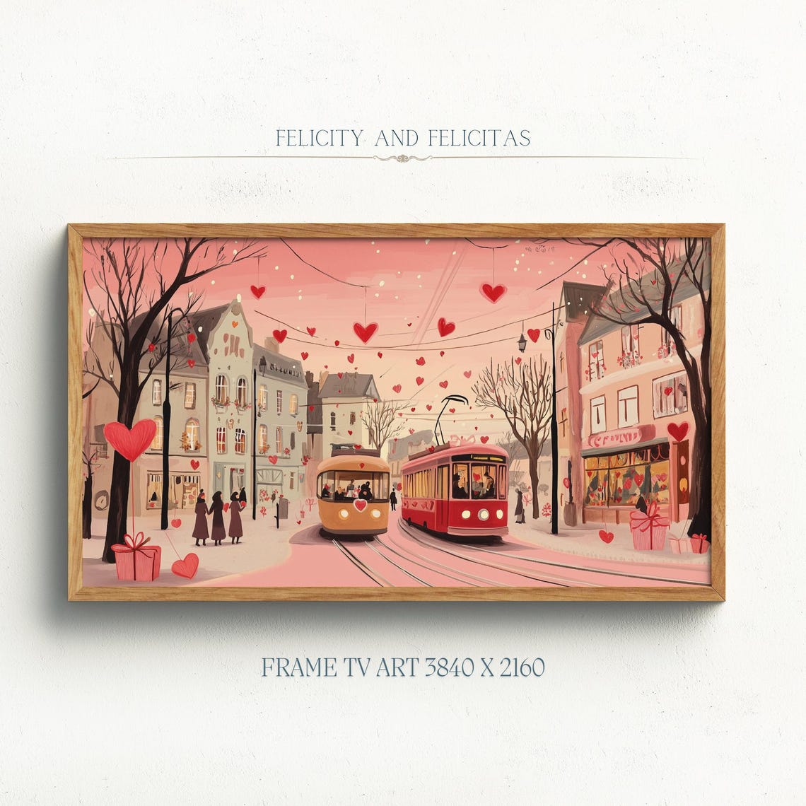 Valentines Day Pink City Street Hearts Trams Romance Scene Poster