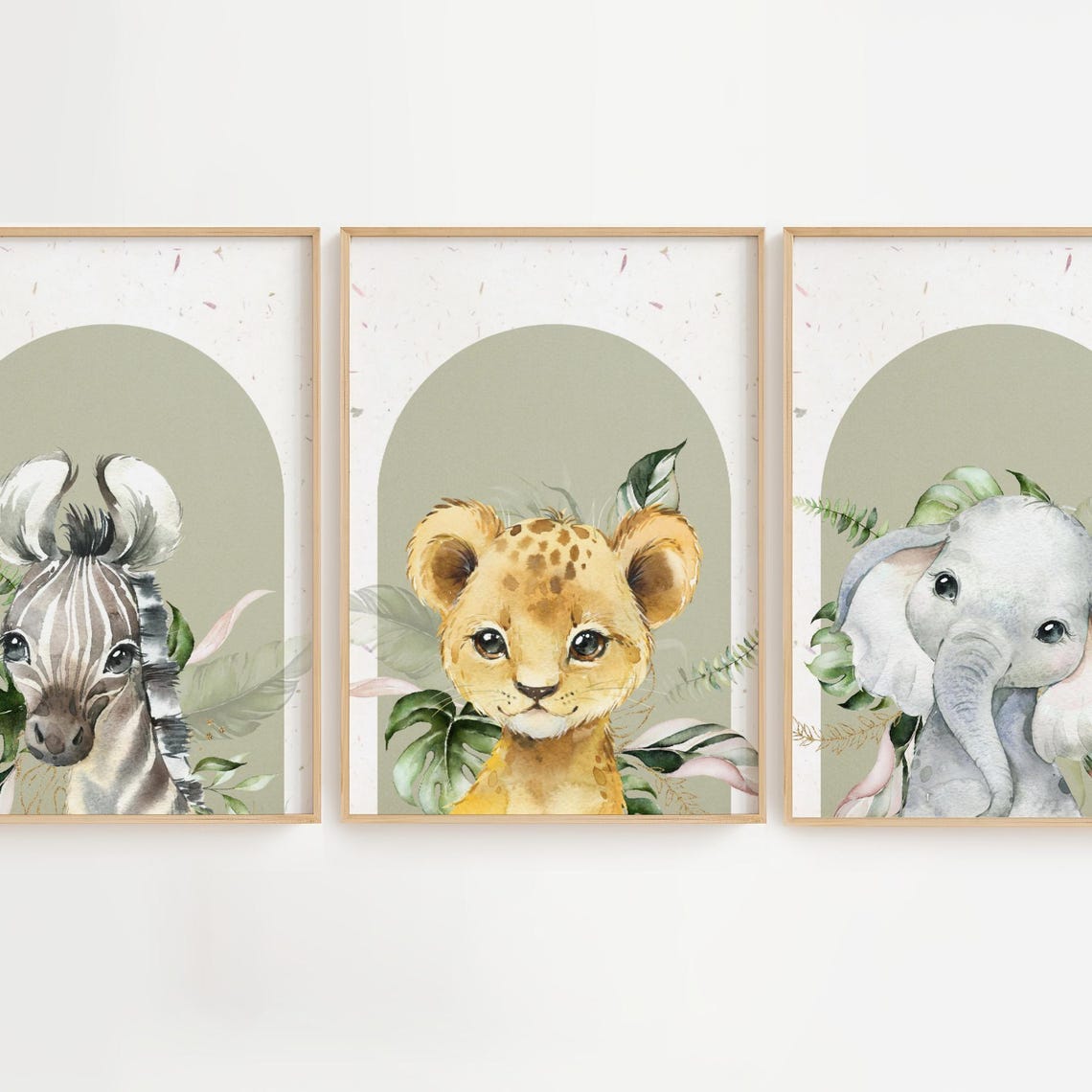 Safari Nursery Set Zebra Lion Cub Elephant Green Arches Wall Art - Image 3