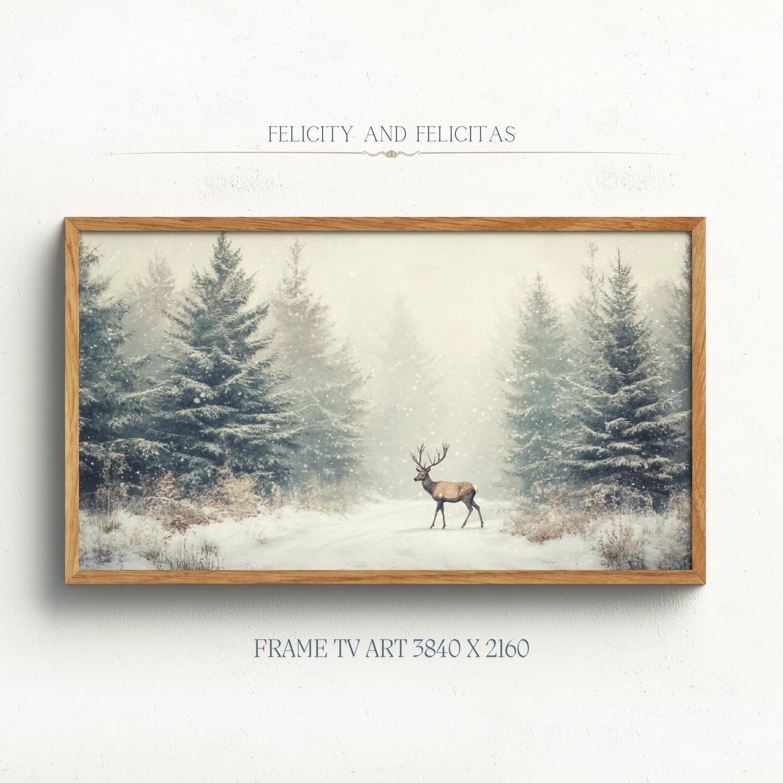 Stag in Snowy Misty Evergreen Forest Falling Snow Wildlife Poster