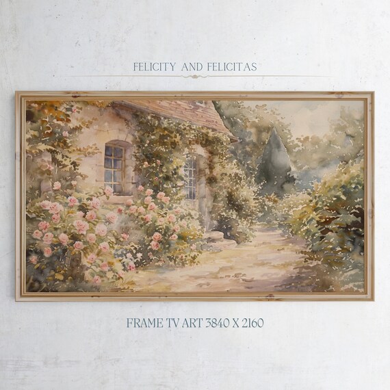 Vintage Cottage Rose Garden Watercolor Country House Wall Art
