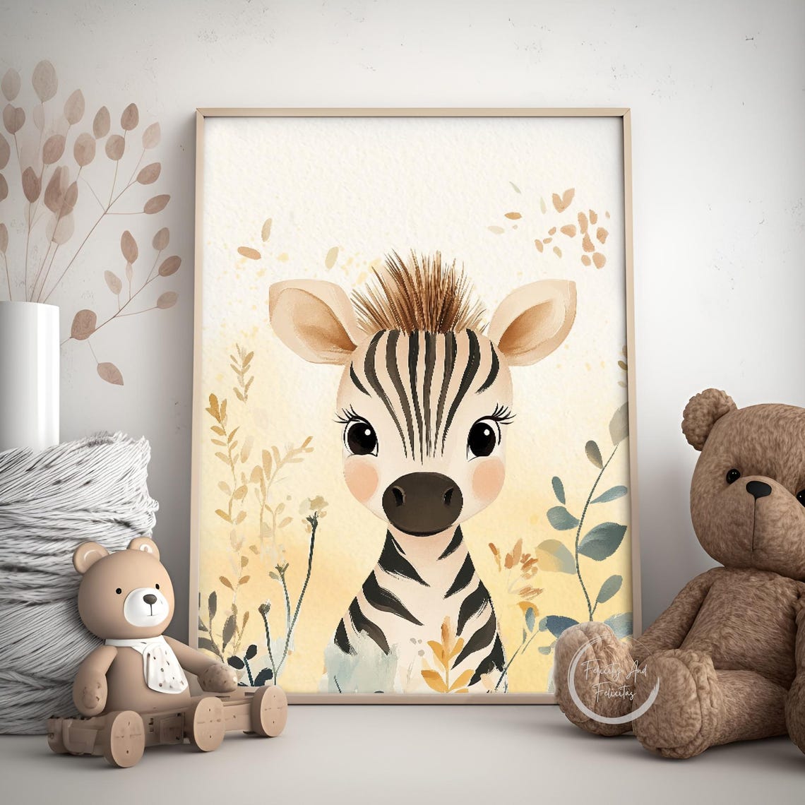 Safari Nursery Set Lion Zebra Giraffe Yellow Floral Kids Wall Art - Image 6