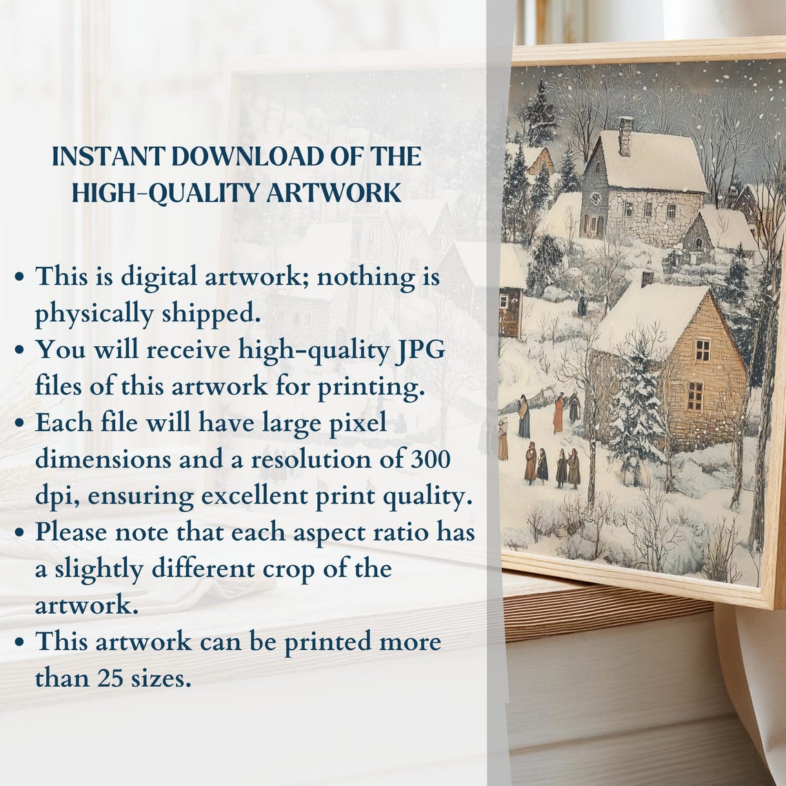 Snowy Village Church With Villagers Winter Gathering Scene Poster - Image 2