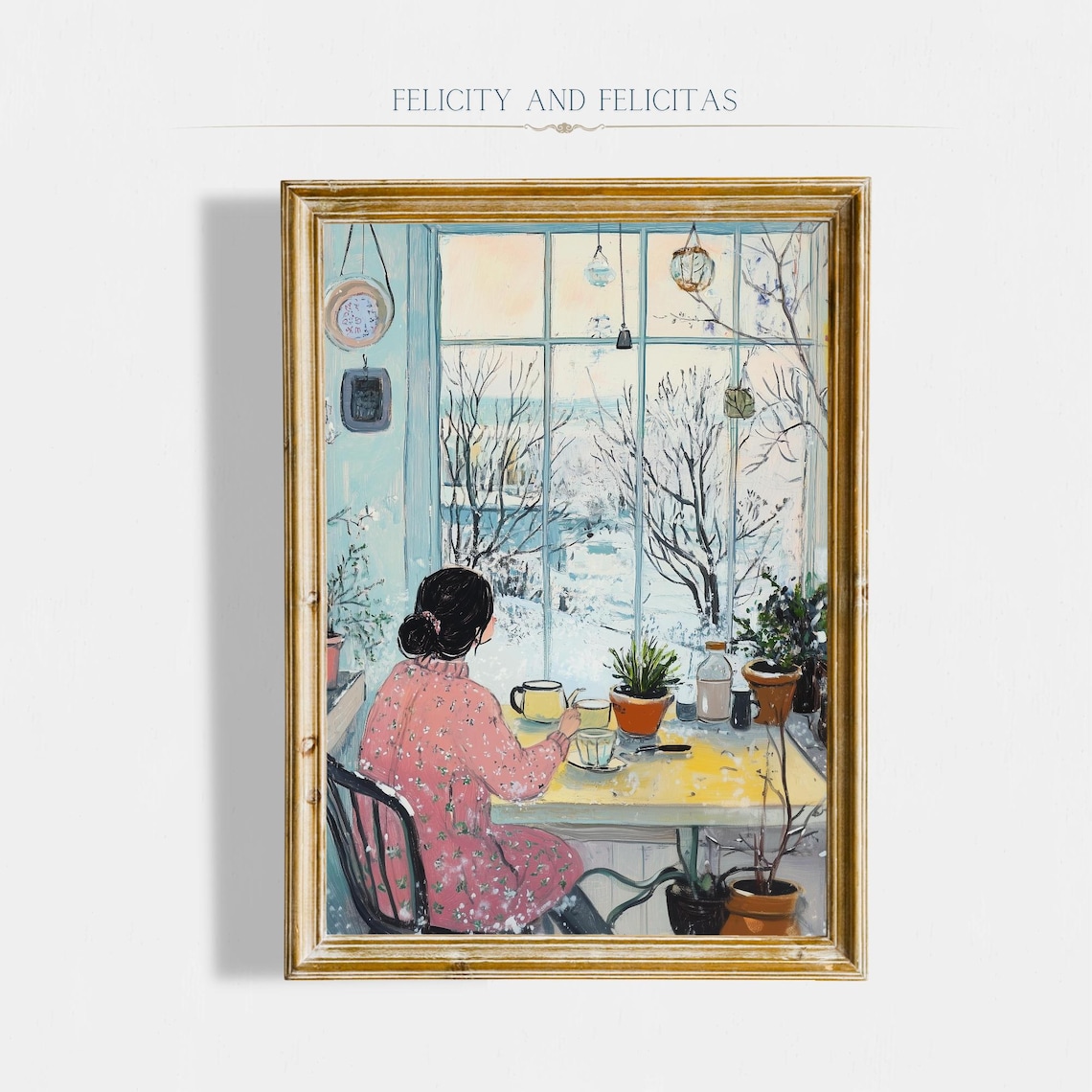 Woman Drinking Tea By Snowy Window Cozy Winter Morning Poster