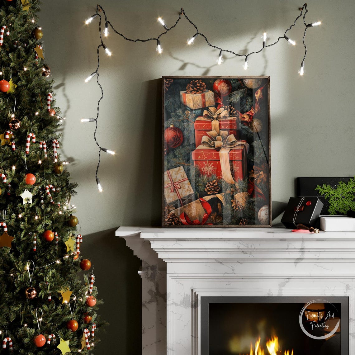 Red Christmas Gifts Gold Bows Pine Branches Ornaments Art Poster - Image 6