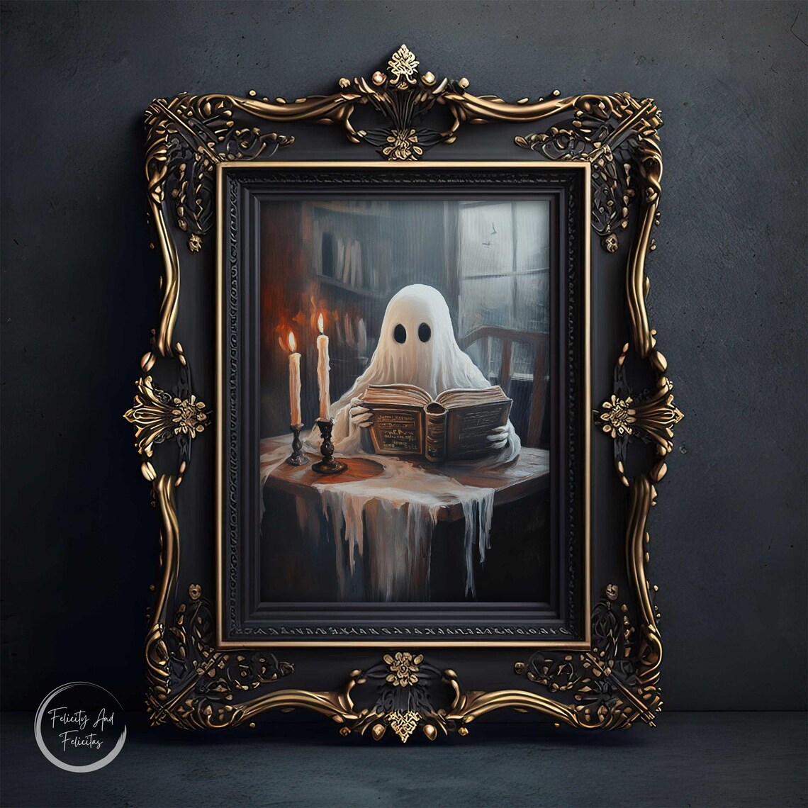 Cute Ghost Reading Book Candlelit Library Dark Academia Halloween Art Poster - Image 6