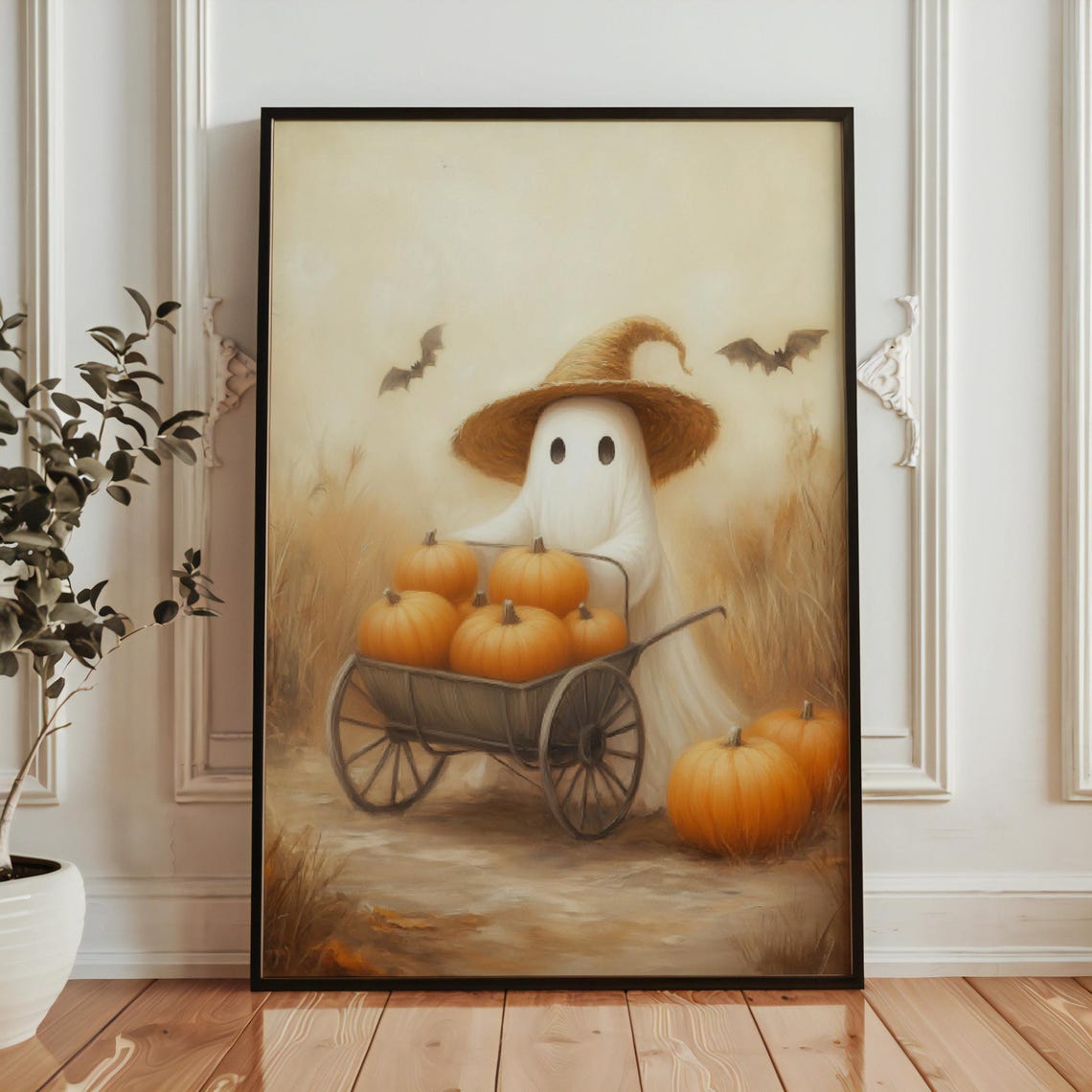 Cute Ghost In Witch Hat Pumpkin Wagon Beige Halloween Wall Art - Image 4