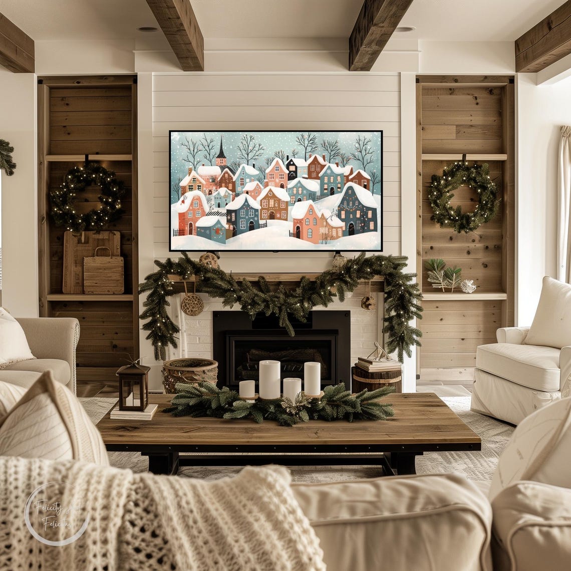 Cute Pastel Winter Village Illustration Snowy Town Scene Poster - Image 3