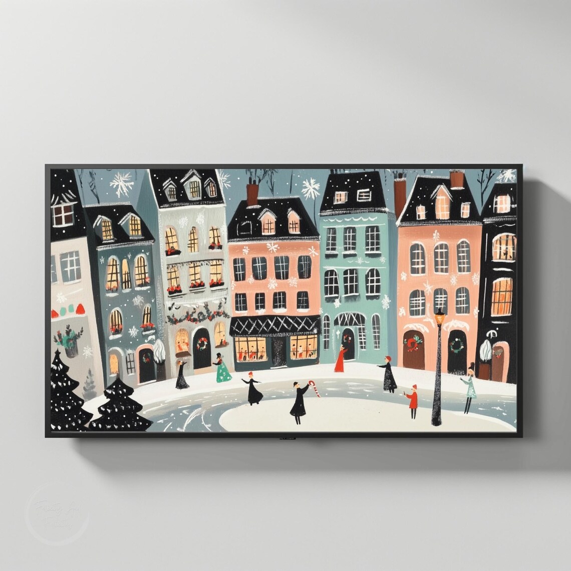 Whimsical Retro Winter Town Colorful Houses Holiday Wall Art - Image 3