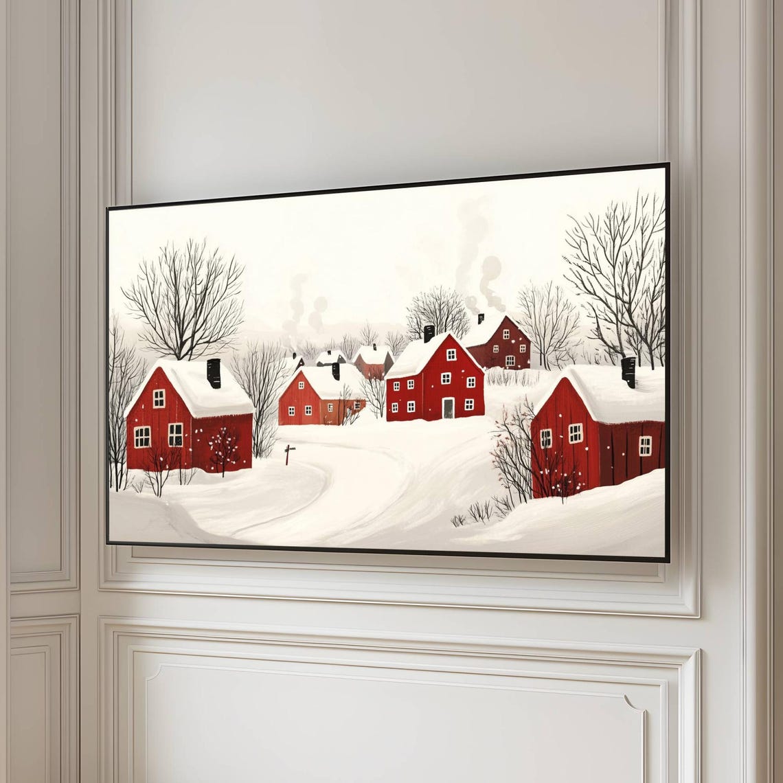 Minimal Winter Village Red Barns Snow Folk Art Serene Wall Art - Image 4