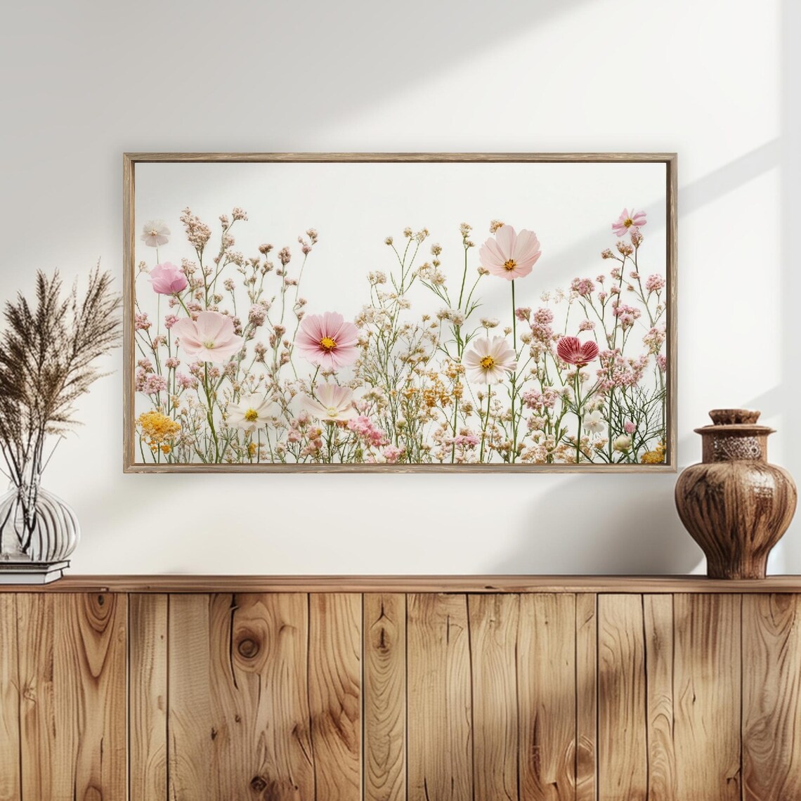 Delicate Wildflower Meadow Cosmos White Background Floral Frame TV Art Poster - Image 5