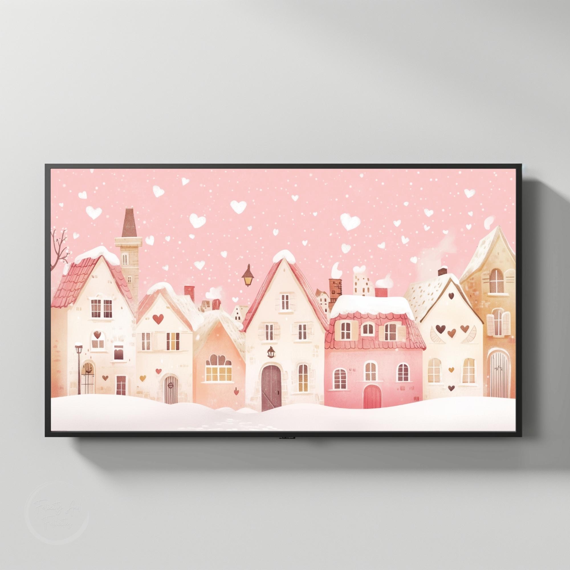 Blush Pink Winter Village with Falling Hearts Frame TV Art Poster - Image 3